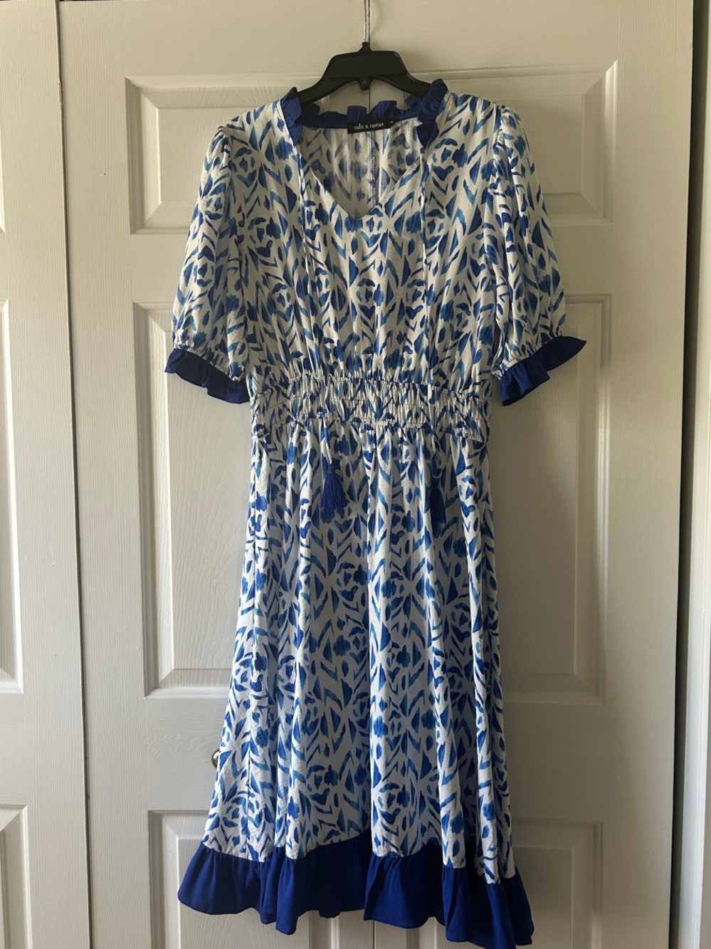 Blue & White Printed Midi Dress with Smocked Waist